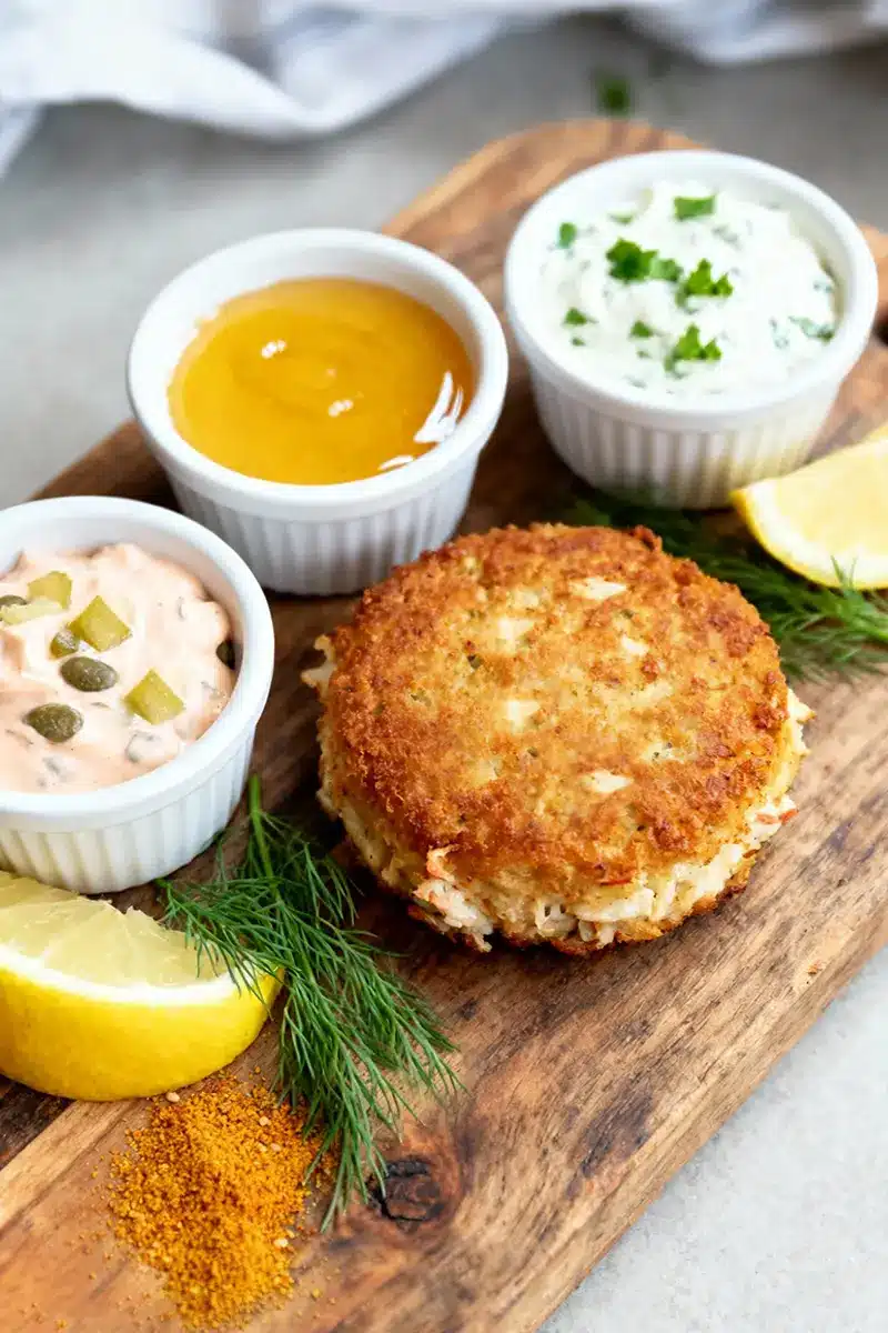 Crab cake sauce recipe on a wooden board with three signature sauces: lemon-garlic aioli, honey-mustard, and classic rémoulade. the ultimate trio for elevating your seafood dish