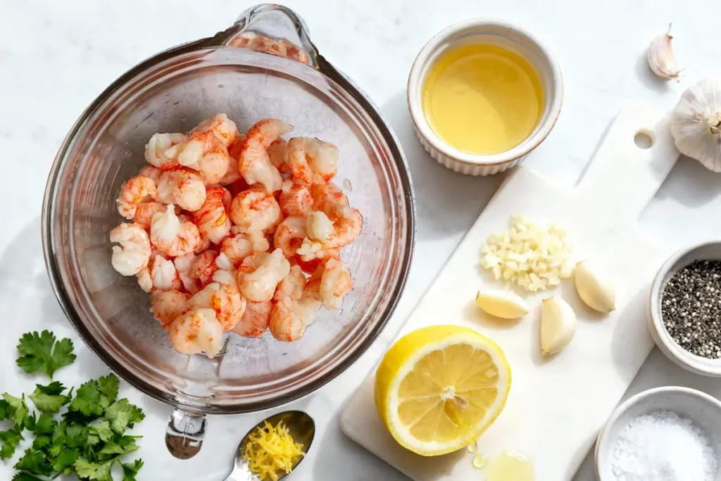 Fresh langostino lobster tails in a glass bowl with garlic, lemon, butter, salt, pepper, and parsley, ready to make a creamy, garlicky seafood dish.