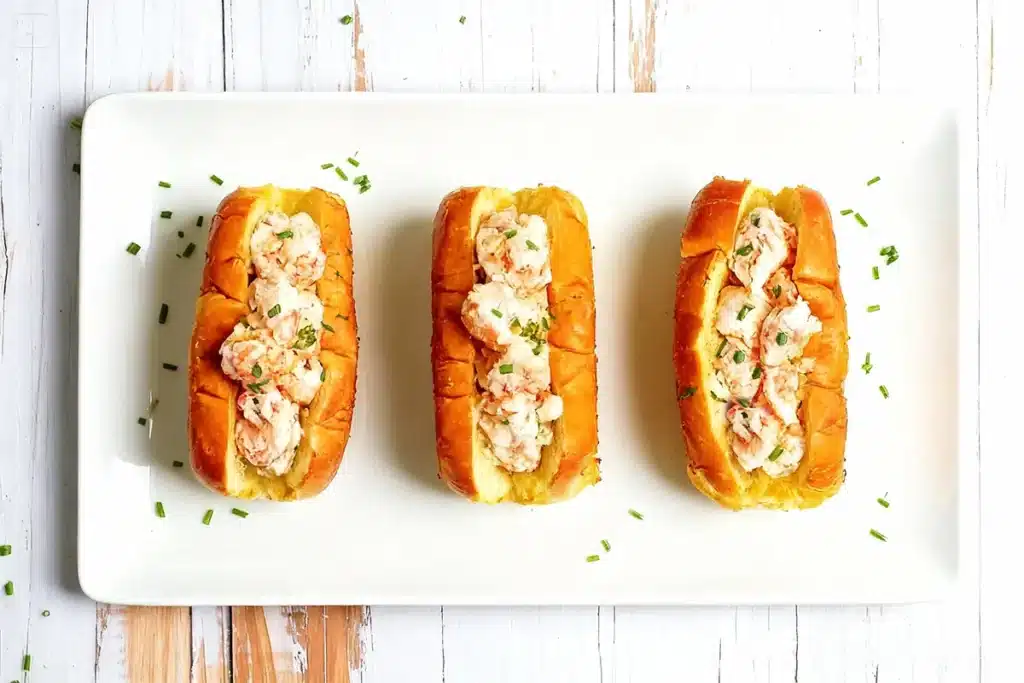 Three golden langostino lobster tails served in toasted buns on a white platter, garnished with fresh chives, sweet, tender, and ready to enjoy.