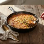 Steaming beef and green bean casserole in a black cast-iron skillet, golden cheese crust bubbling as a spoon lifts a savory portion, served on rustic wood with vintage spoons nearby.