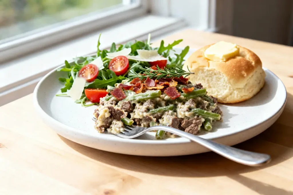 Plated beef and green bean casserole with crispy bacon, fresh arugula salad, cherry tomatoes, and a buttered dinner roll, served on a white plate by a sunny window.