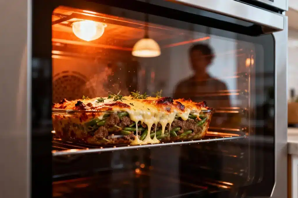 Beef and green bean casserole baking in oven with melted cheese bubbling and a golden crust forming, steam rising through the glass door, and a cozy kitchen reflection visible.
