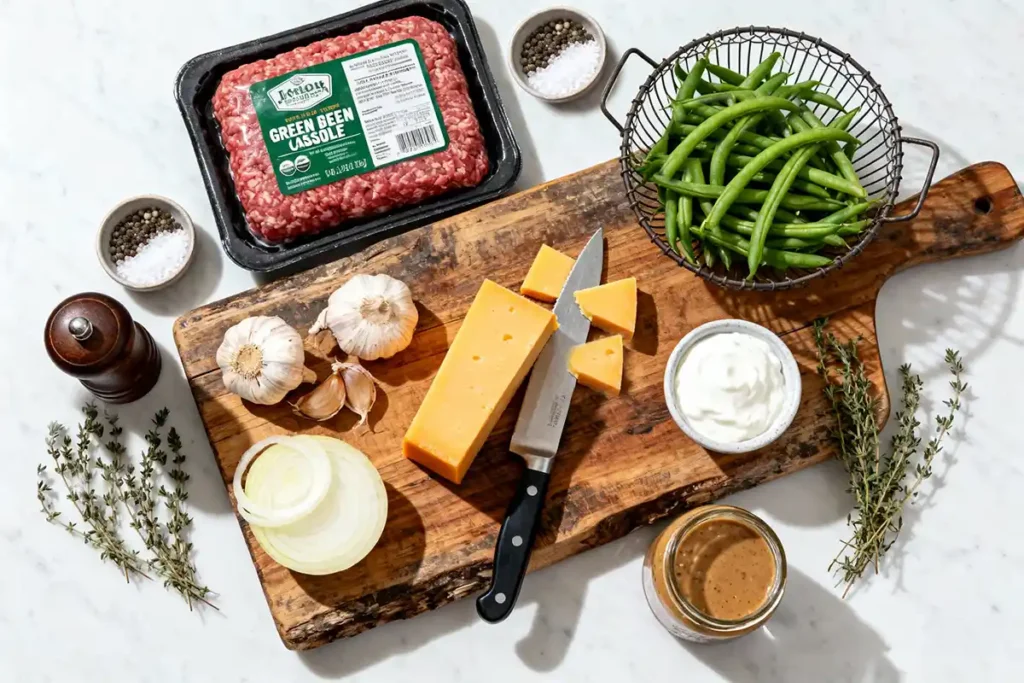 Fresh ingredients for beef and green bean casserole: ground beef, green beans, cheddar cheese, garlic, onion, thyme, sour cream, and mushroom sauce on a rustic wooden cutting board.