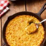 Corn Pudding City BBQ Recipe baked in a cast-iron skillet, showing golden crust and creamy corn filling, perfect for BBQ sides.
