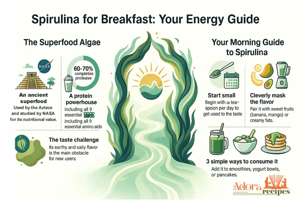 Spirulina breakfast energy guide with health tips and smoothie ideas