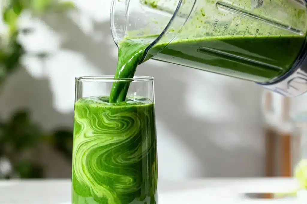 Green detox smoothie being poured from a blender into a tall glass with visible swirling textures and a vibrant green color.