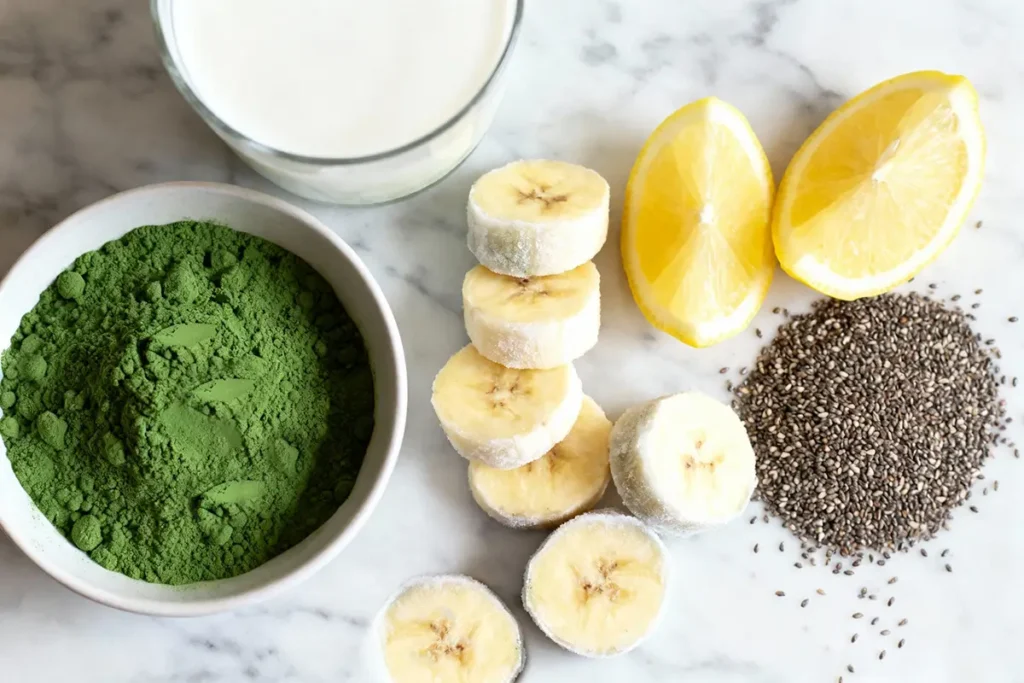 Ingredients for a green detox smoothie, including spirulina powder, frozen banana slices, lemon wedges, chia seeds, and plant-based milk, on a marble countertop.
