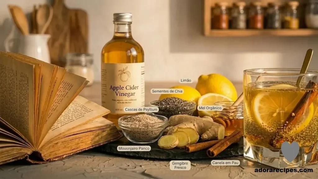 Ingredientes da receita caseira para emagrecimento com vinagre de maçã, chia, limão, gengibre, canela e uma bebida detox preparada ao lado de um livro aberto.