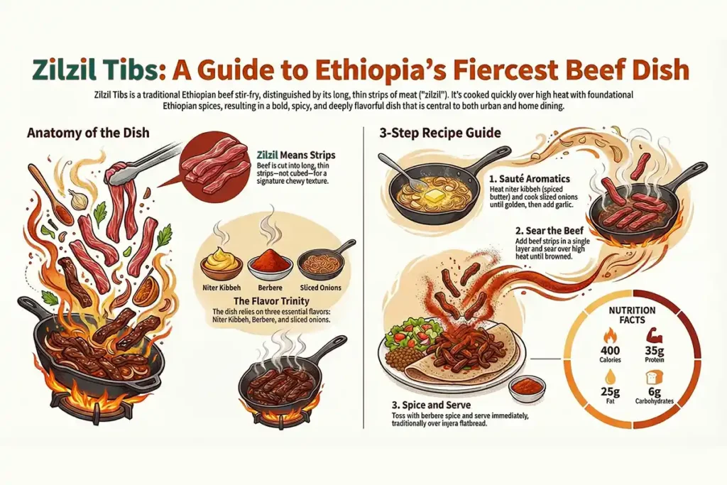 Illustrated guide showing how to cook Zilzil Tibs, a traditional Ethiopian beef dish made with berbere, niter kibbeh, and onions.