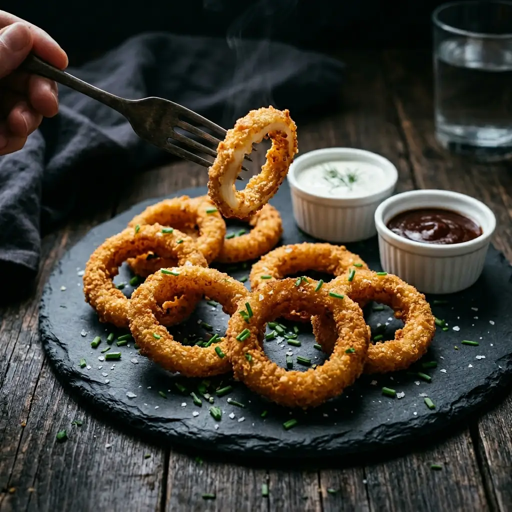 Fork lifting a crispy keto onion ring from a dark slate plate, served with ranch and BBQ dipping sauces.