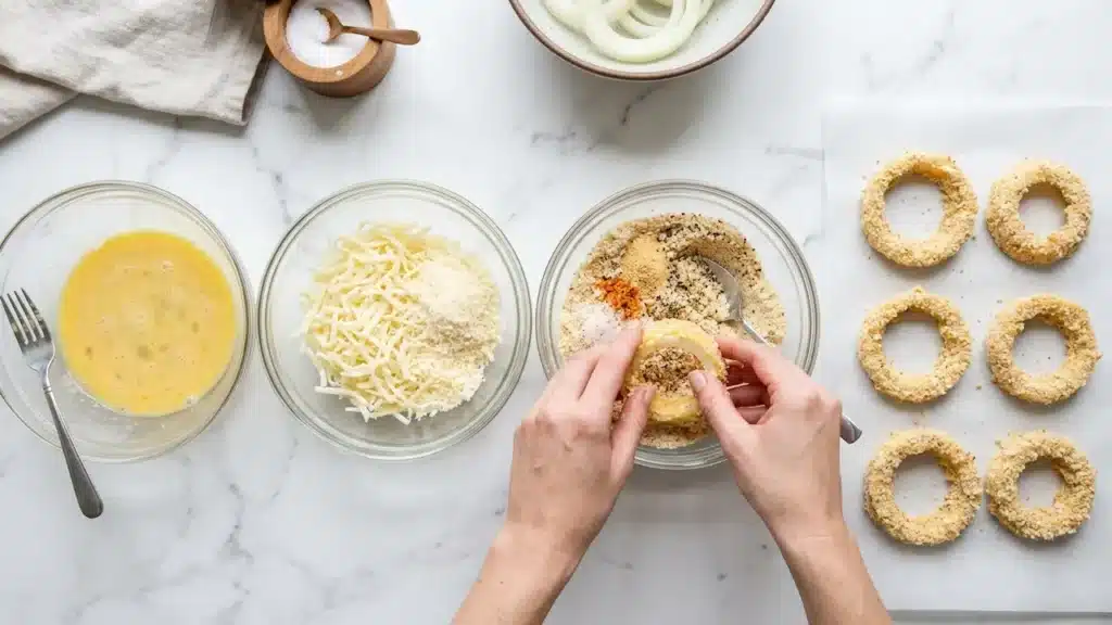 Hands breading keto onion rings in a three-bowl station with egg, cheese, and seasoned almond flour on a marble counter.