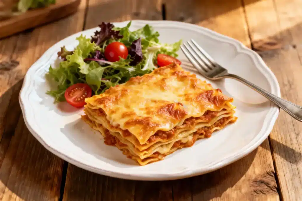 Lasanha Perdigão pronta, servida com salada após preparo na airfryer.