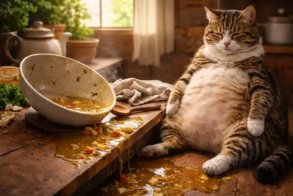 Sleepy Tabby Cat Full of Soup Beside Spilled Bowl