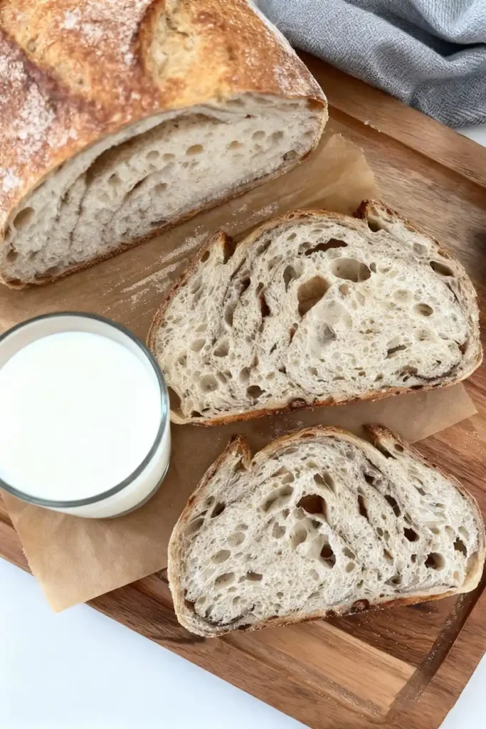 Sourdough cinnamon bread sliced on wooden board with glass of milk