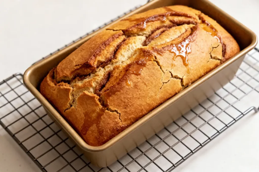 Golden sourdough cinnamon bread loaf fresh from oven in pan