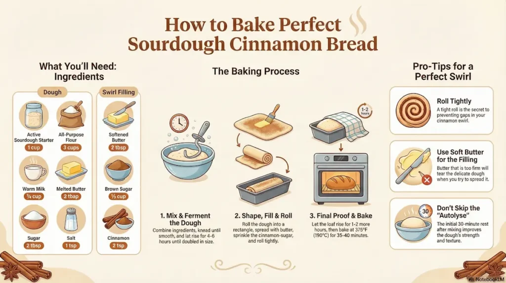 Illustrated step-by-step guide on how to bake perfect sourdough cinnamon bread, with ingredients, baking process, and swirl tips.