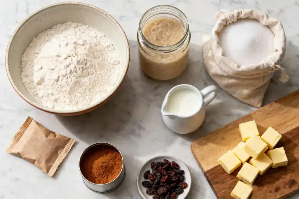 Ingredients for sourdough cinnamon bread on marble surface