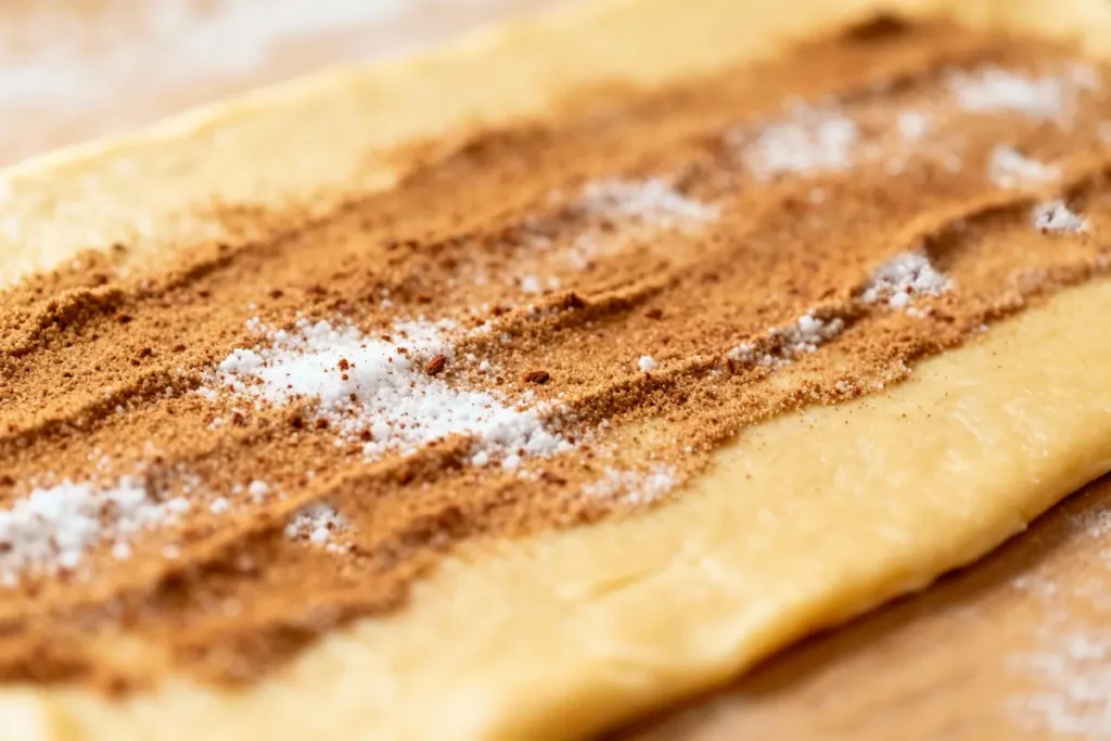 Rolled out dough topped with brown sugar and cinnamon for sourdough bread