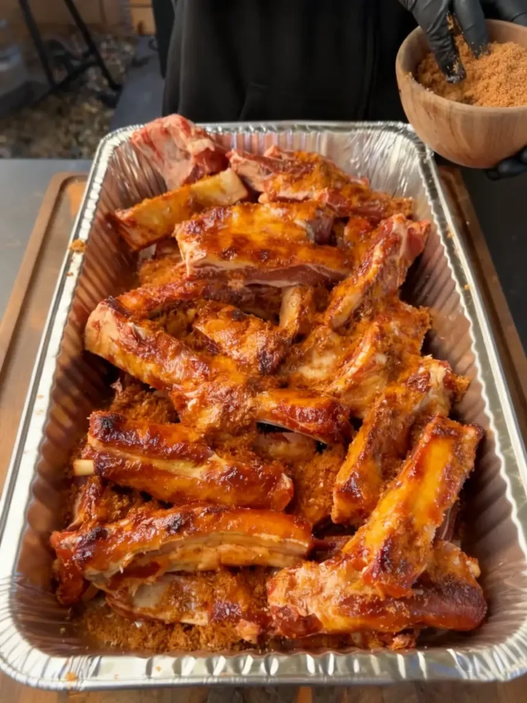 Cherry Cola Smoked Party Ribs coated with brown sugar before smoking