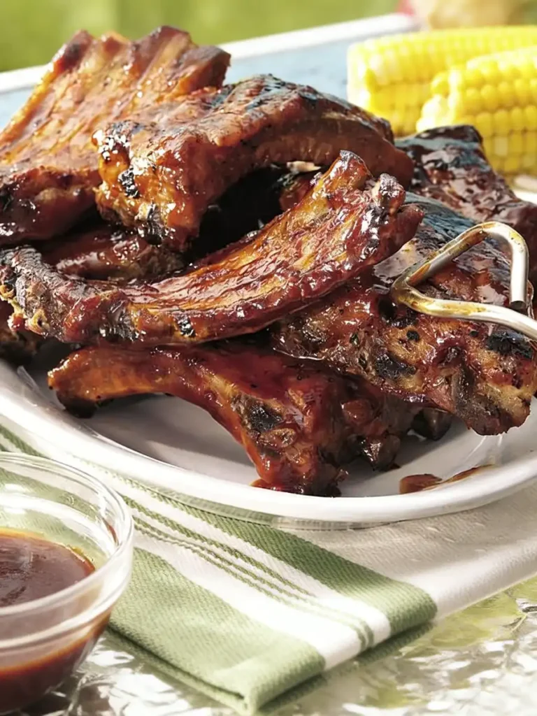 Cherry Cola Smoked Party Ribs with glossy barbecue glaze on serving plate