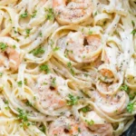 Creamy seafood pasta with shrimp, fettuccine, garlic cream sauce, and fresh parsley