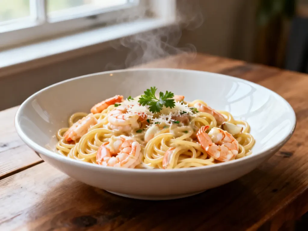 Creamy shrimp seafood pasta served in a white bowl with garlic sauce and fresh parsley
