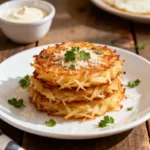 Crispy Parmesan hash browns with golden crust on white plate