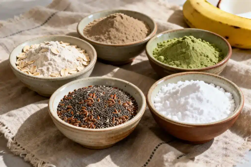 Ingredientes do Mounjaro caseiro com farinha de banana verde, aveia, chia, linhaça e coco.