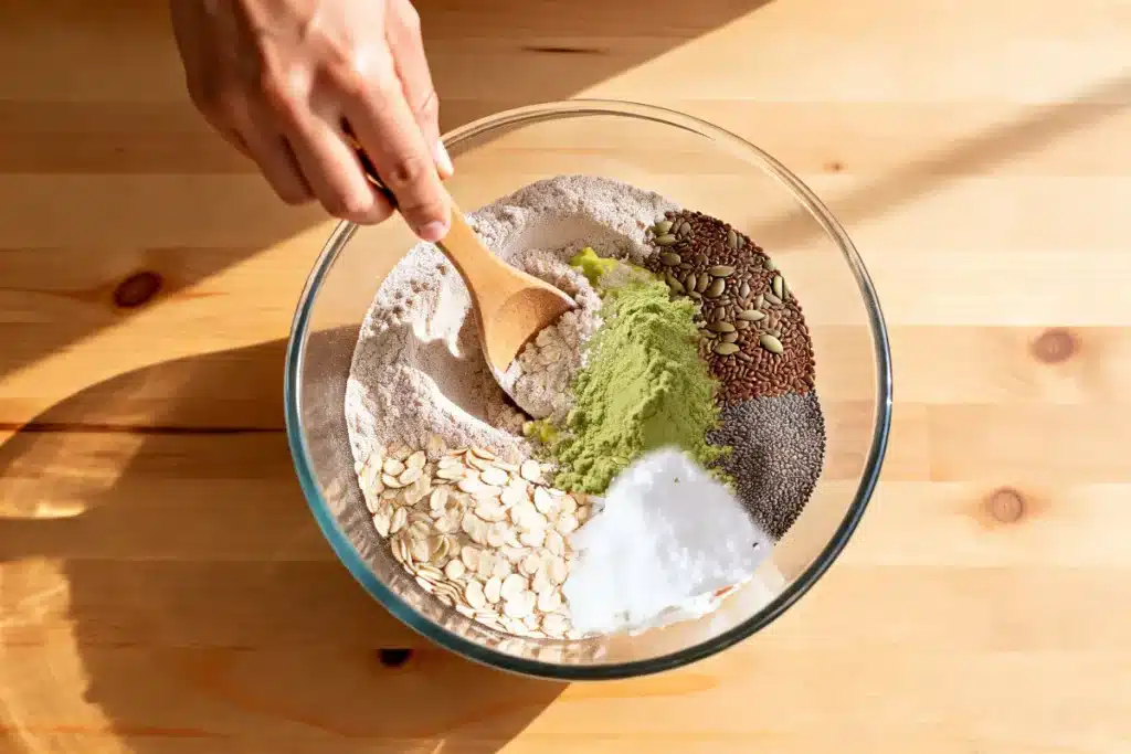 Misturando os ingredientes do Mounjaro caseiro em tigela de vidro com colher de madeira.