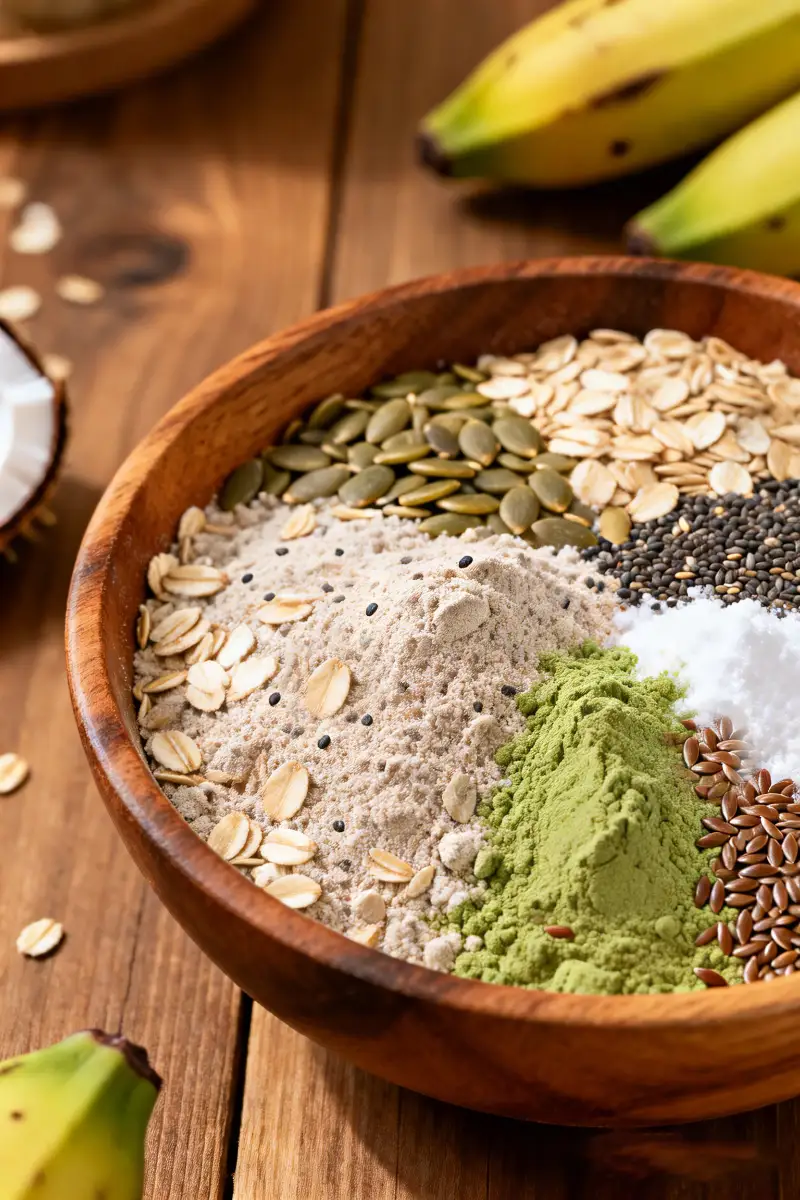 Mistura de farinhas naturais para Mounjaro caseiro em tigela de madeira.