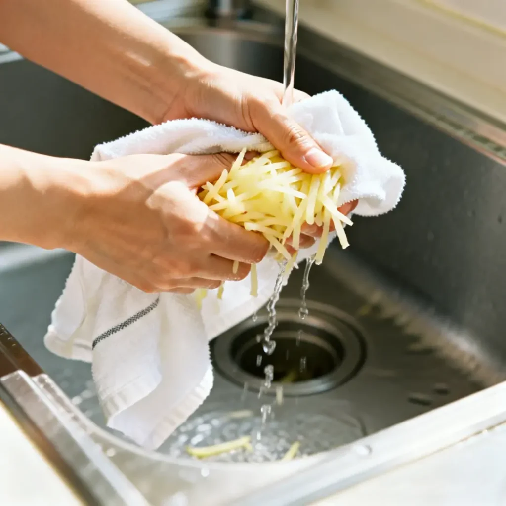 Hands squeezing grated potatoes in a towel over a sink to remove excess moisture for crispy hash browns