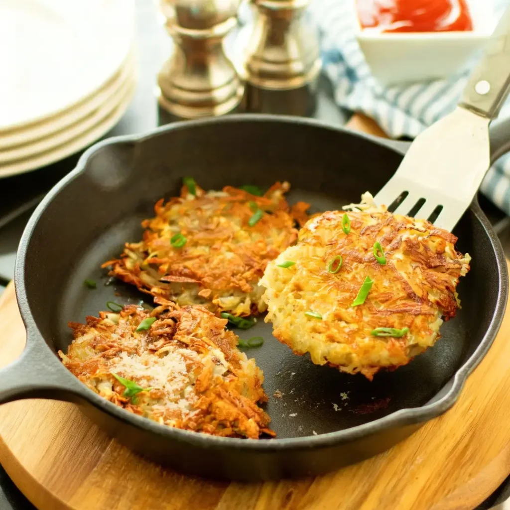 Crispy Parmesan hash browns cooking in a skillet with golden crust and green onion garnish