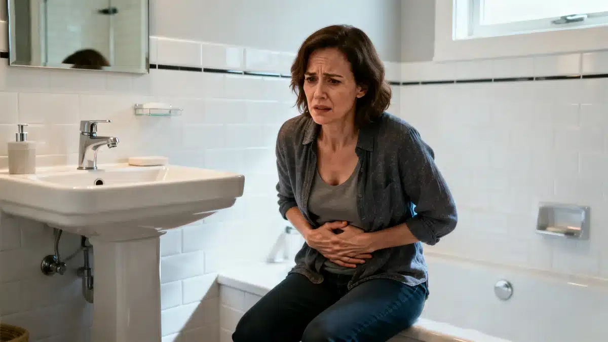 Mounjaro caseiro dá diarreia - mulher preocupada com desconforto intestinal no banheiro.