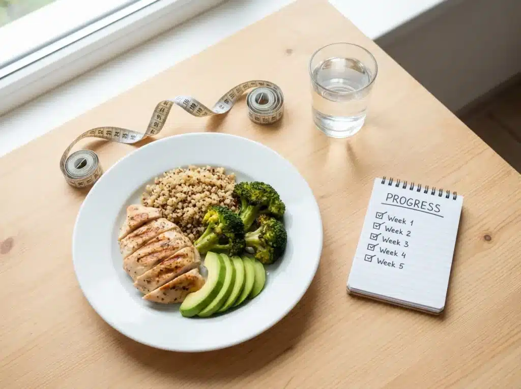 Sinais de que o mounjaro caseiro está fazendo efeito - porções menores e acompanhamento.