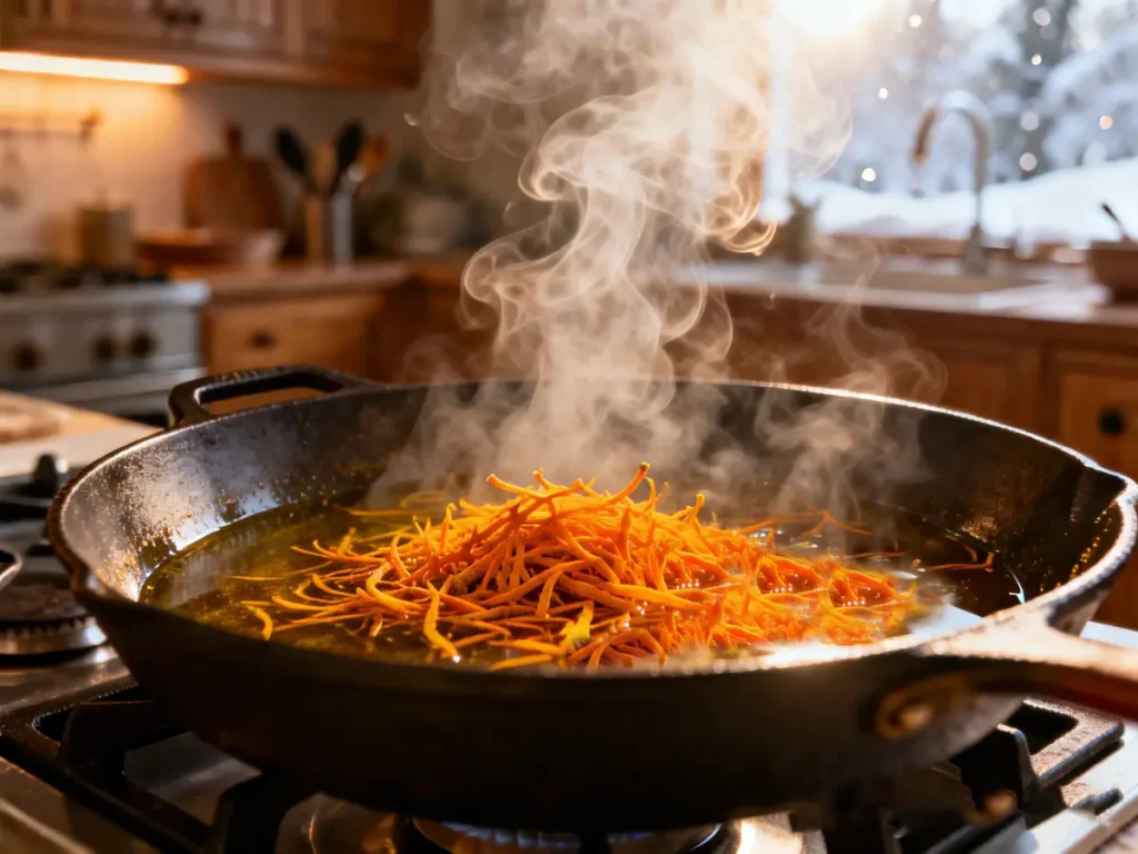 Turmeric blooming in oil at the start of cooking.