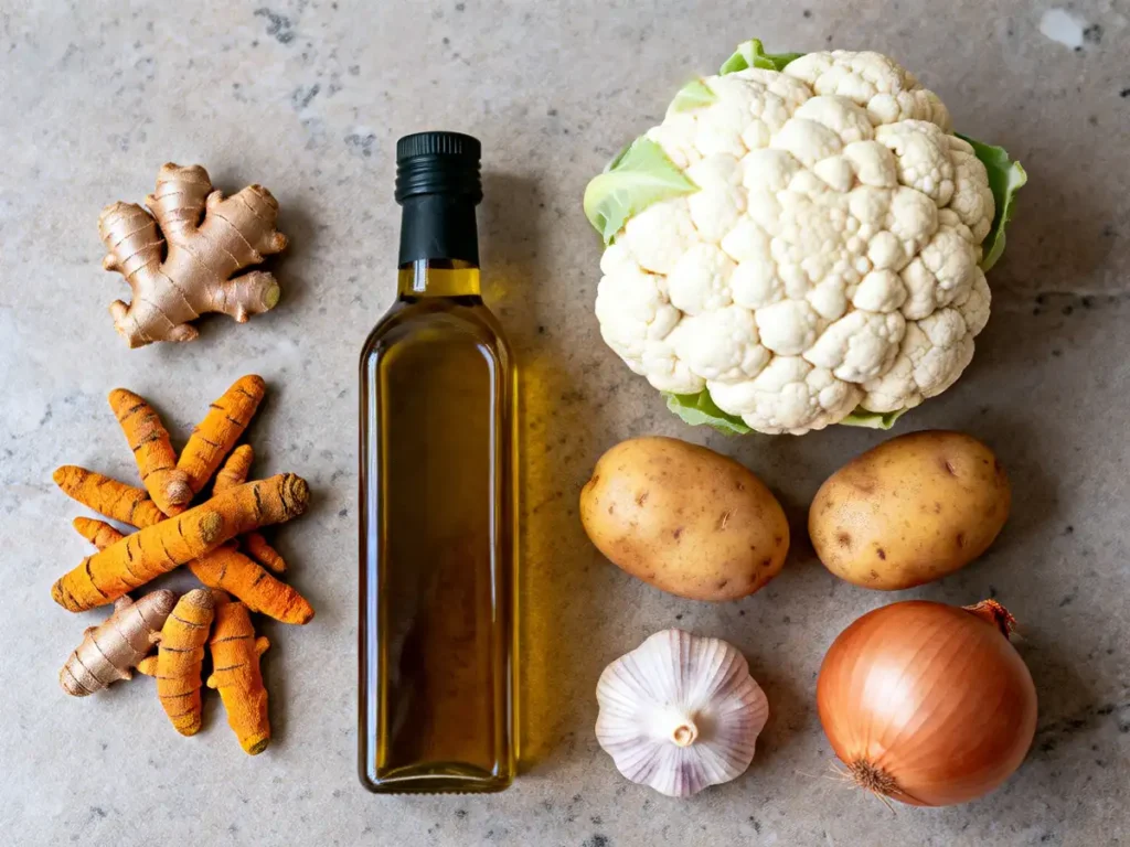 Turmeric curry ingredients featuring fresh turmeric root.