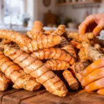Turmeric roots fresh from winter markets on a kitchen table