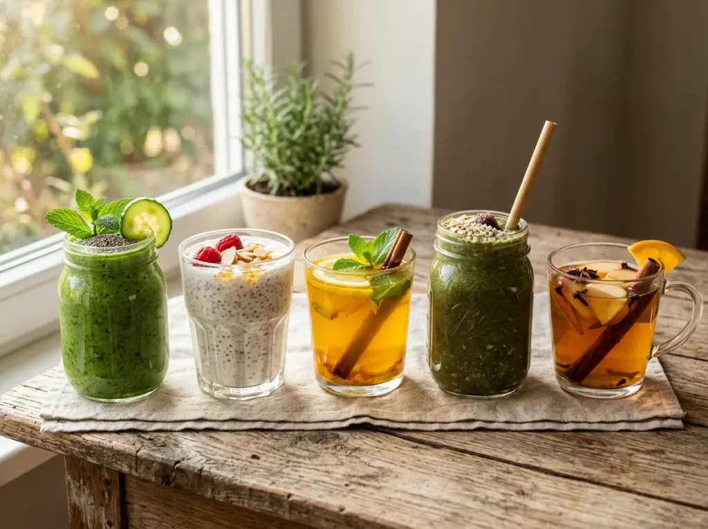 5 bebidas de saciedade enfileiradas em mesa rústica — green detox, smoothie de chia, oatzempic, suchá metabólico e chá de canela com maçã.
