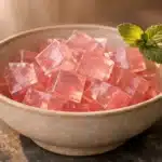 Gelatina antes de dormir com glicina para sono profundo: cubos rosa em tigela cerâmica com hortelã fresca.