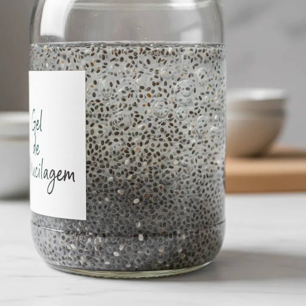 Benefícios da chia: gel de mucilagem formado por sementes de chia hidratadas em frasco de vidro transparente.