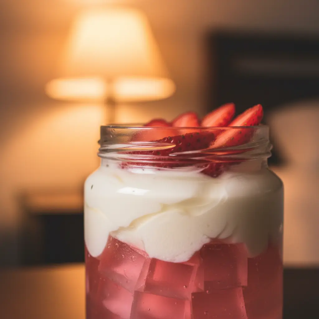 Gelatina antes de dormir com camadas de iogurte natural e morangos frescos em pote de vidro, iluminação quente noturna.