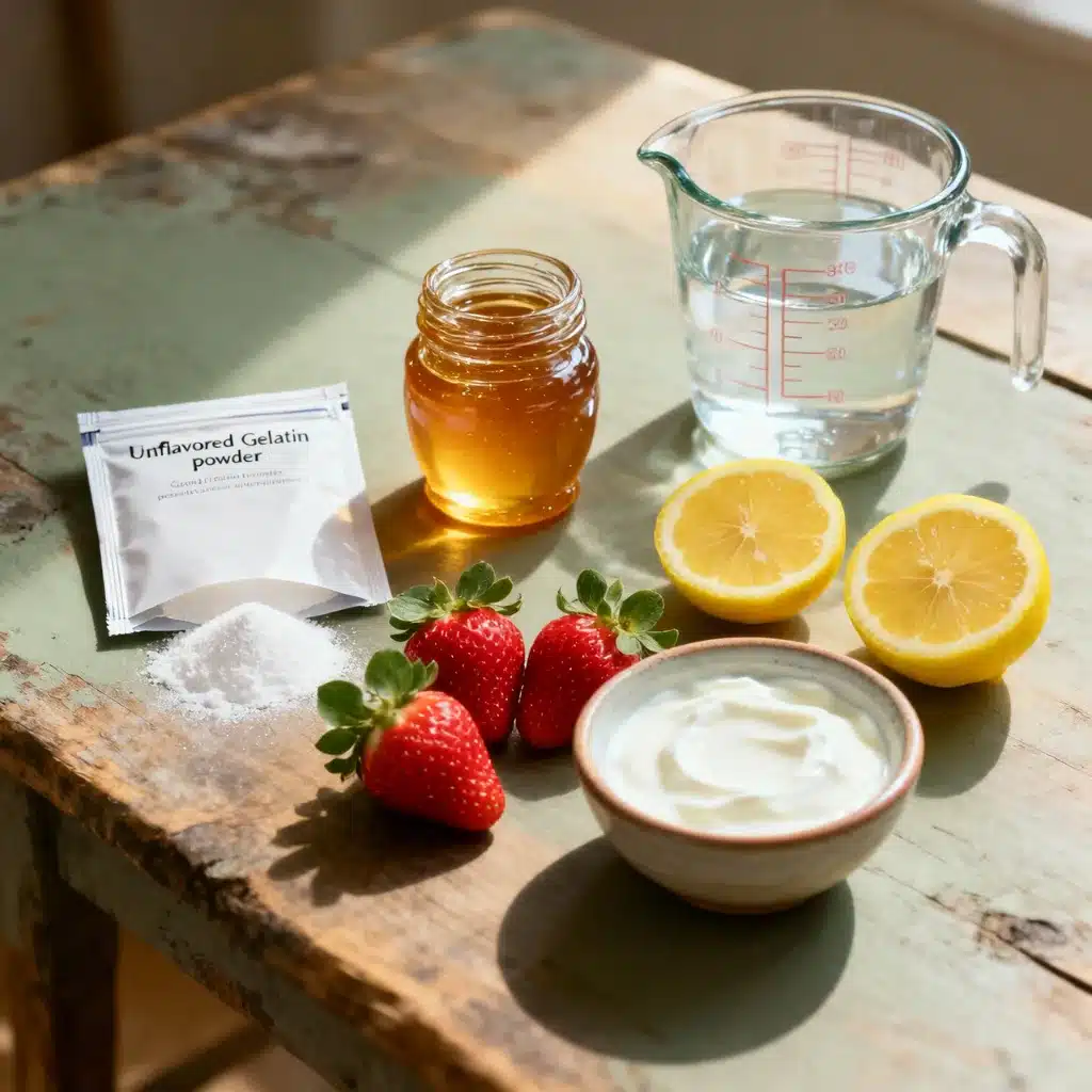Gelatina antes de dormir com ingredientes: gelatina incolor, iogurte natural, mel, limão e morangos para lanche noturno.