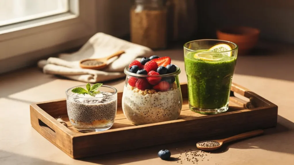 Benefícios da chia: pudim de chia, overnight oats com frutas vermelhas e suchá verde com limão em bandeja de madeira.