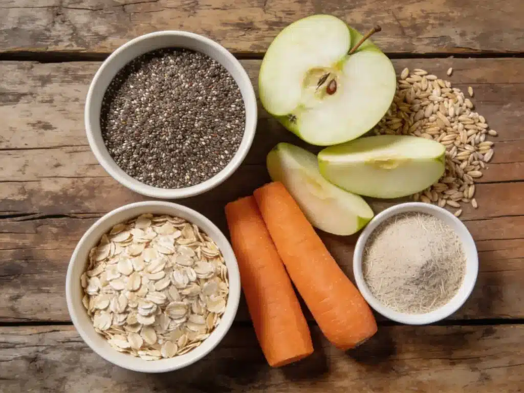 Alimentos ricos em fibras como aveia, chia, maçã e psyllium para saciedade e controle da glicemia.