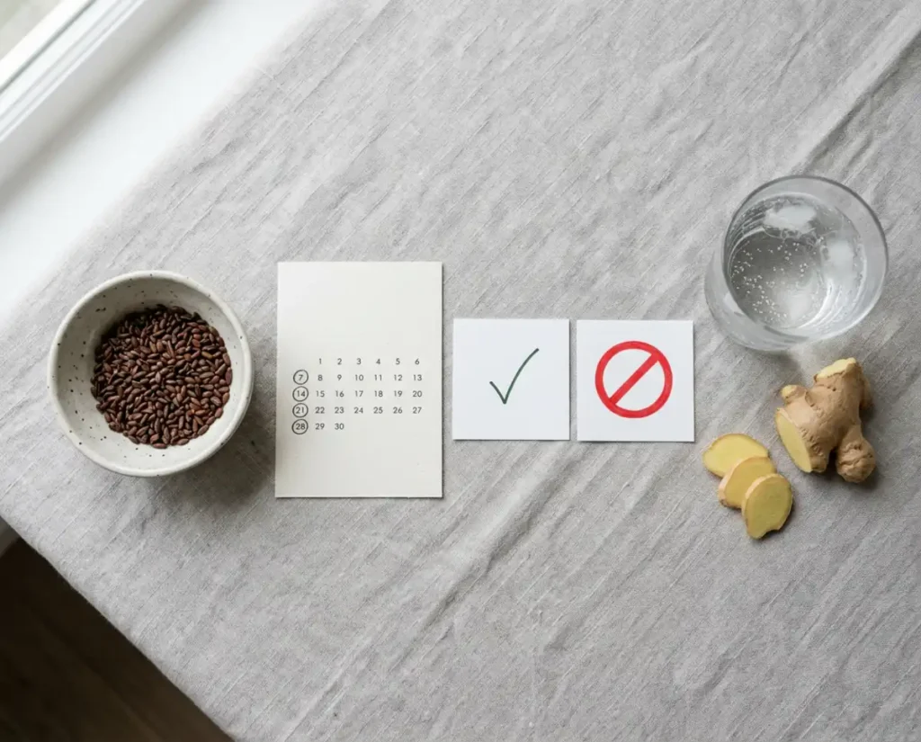 Cuidados com cha de semente de cássia para o intestino: tigela de cerâmica com sementes de cássia, cartão de calendário com dias circundados indicando uso pontual, cartão verde com visto indicando uso correto, cartão vermelho com símbolo de proibição, copo de água e raiz de gengibre fatiada sobre linho cinza.