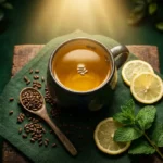 Chá de semente de cássia intestino: xícara de cerâmica escura com chá dourado-âmbar sobre guardanapo verde, colher de madeira com sementes de cássia espalhadas, fatias de limão fresco e ramo de hortelã em fundo verde florestal com luz dourada.