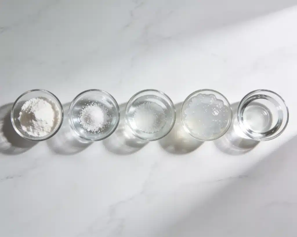 Como preparar gelatina blooming em 5 etapas: tigelas de vidro em linha mostrando gelatina em pó seco, pó polvilhado em água fria, início de absorção, massa gel completamente hidratada e gelatina totalmente dissolvida em líquido claro.