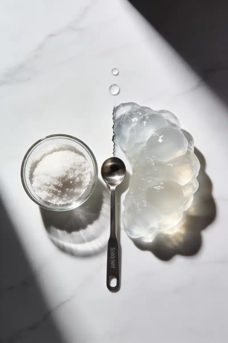 Como preparar gelatina com técnica de blooming: tigela de vidro com gelatina em po seco ao lado de massa de gelatina completamente hidratada e translucida com gotas de agua e colher dosadora sobre marmore branco