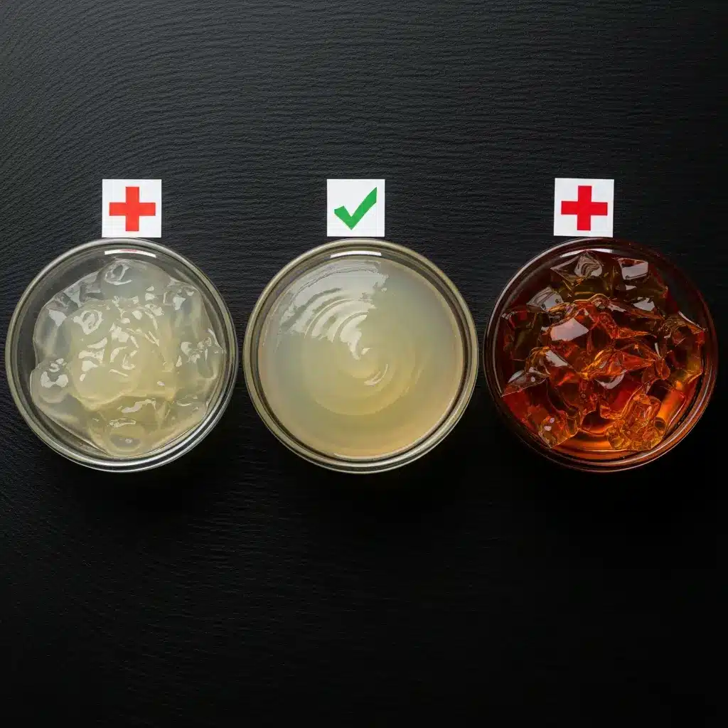 Como preparar gelatina: comparativo de 3 erros comuns com tigelas em fundo preto, gelatina com grumos marcada com cruz vermelha, gelatina correta marcada com visto verde e gelatina superaquecida e escura marcada com cruz vermelha.