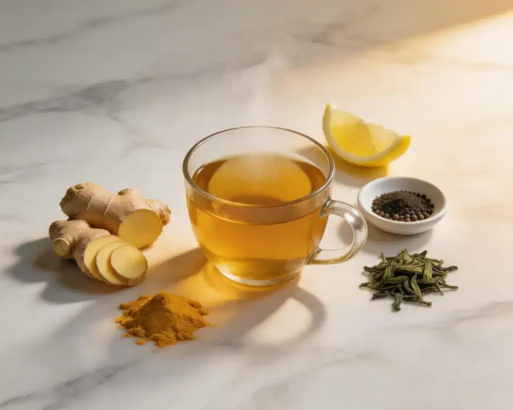 Chá anti-inflamatório detox drink: xícara de vidro com chá dourado fumegante, raiz de gengibre fresco fatiada, monte de açafrão da terra em pó amarelo, fatia de limão, tigela de pimenta-do-reino inteira e folhas de chá verde soltas sobre mármore branco com luz dourada